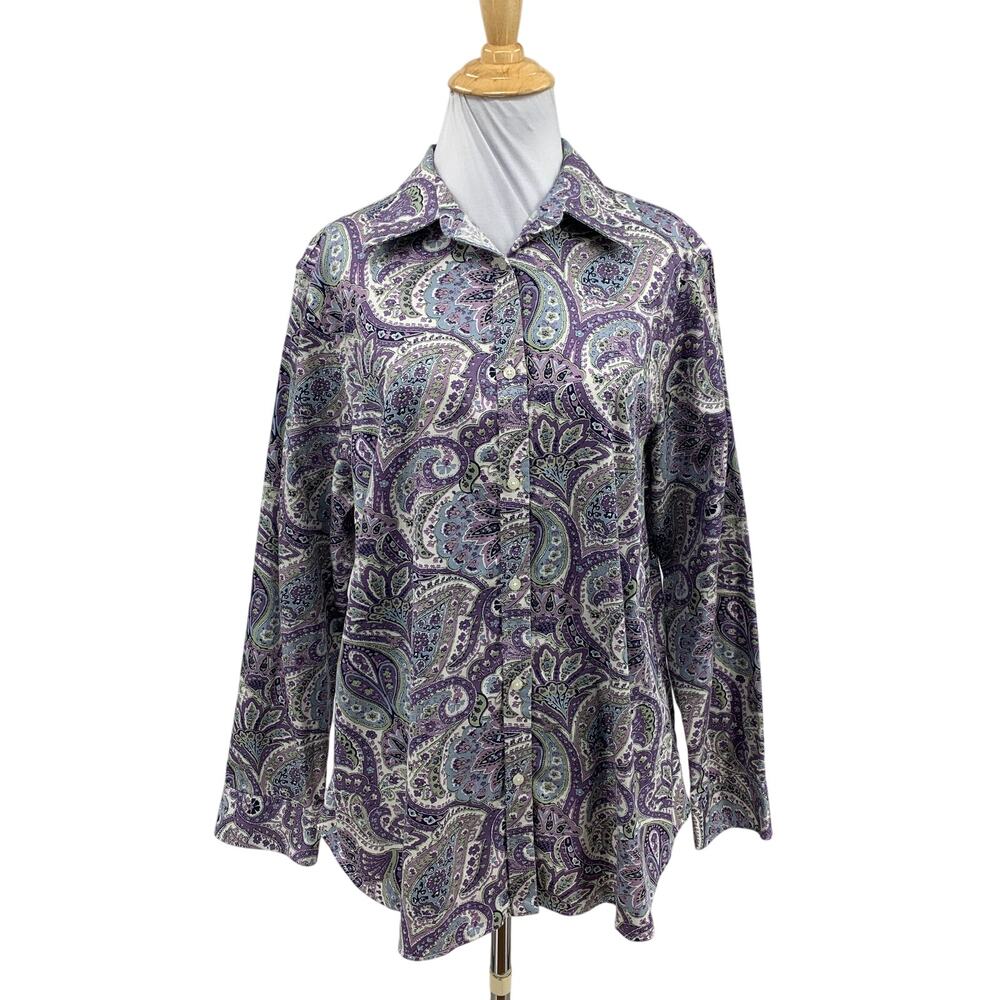 Chaps Shirt Womens 1X Plus Non Iron Long Sleeve Button Up Pointed Collar Paisley